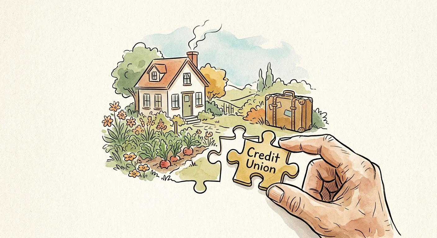 An ink and watercolor illustration of a hand inserting a puzzle piece labeled 'Credit Union' into a retirement lifestyle scene.