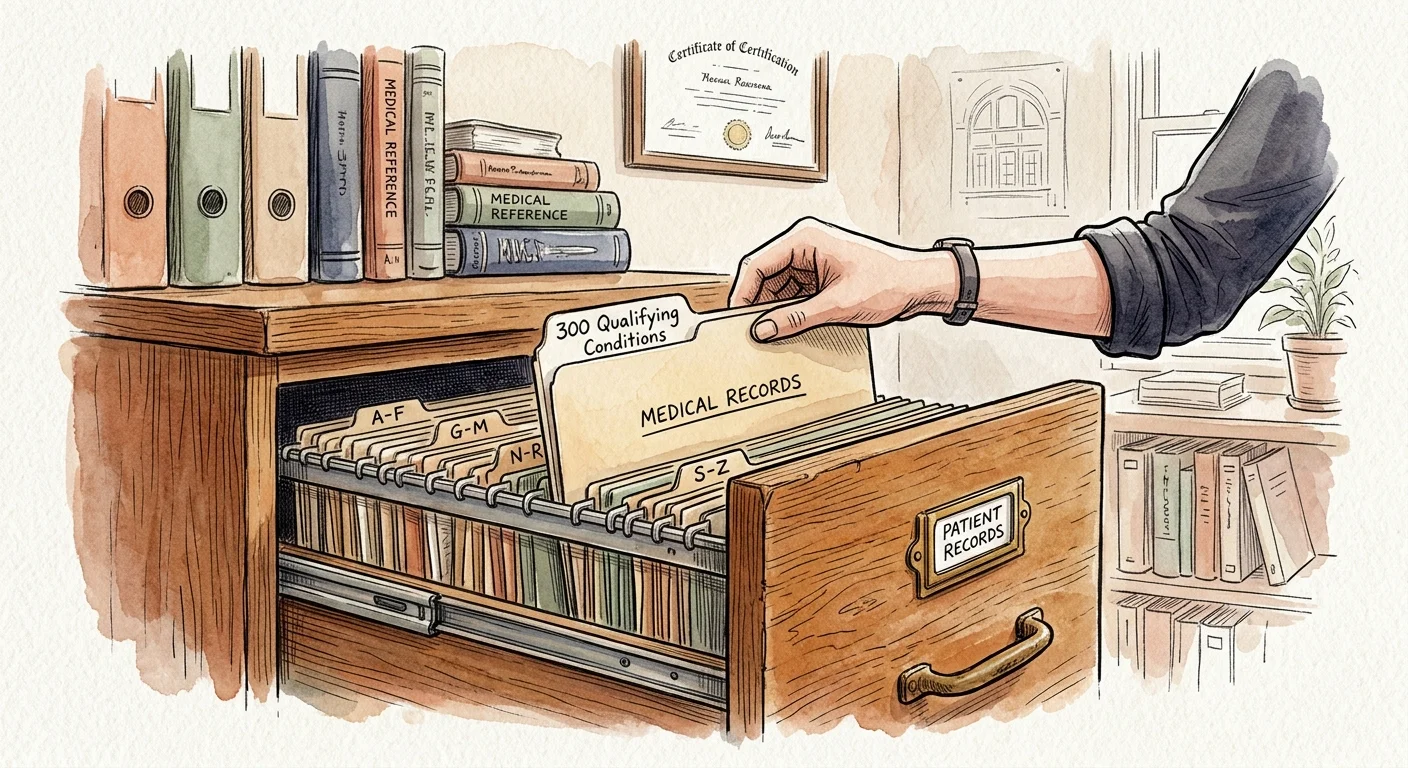 An ink and watercolor illustration of a hand placing an organized file labeled '300 Qualifying Conditions' into a cabinet drawer.