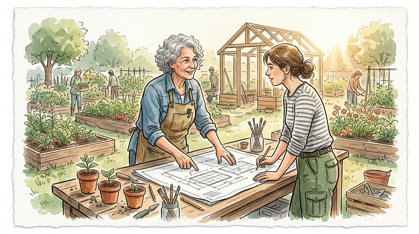 An ink and watercolor illustration of a retired woman collaboratively planning a community greenhouse project.
