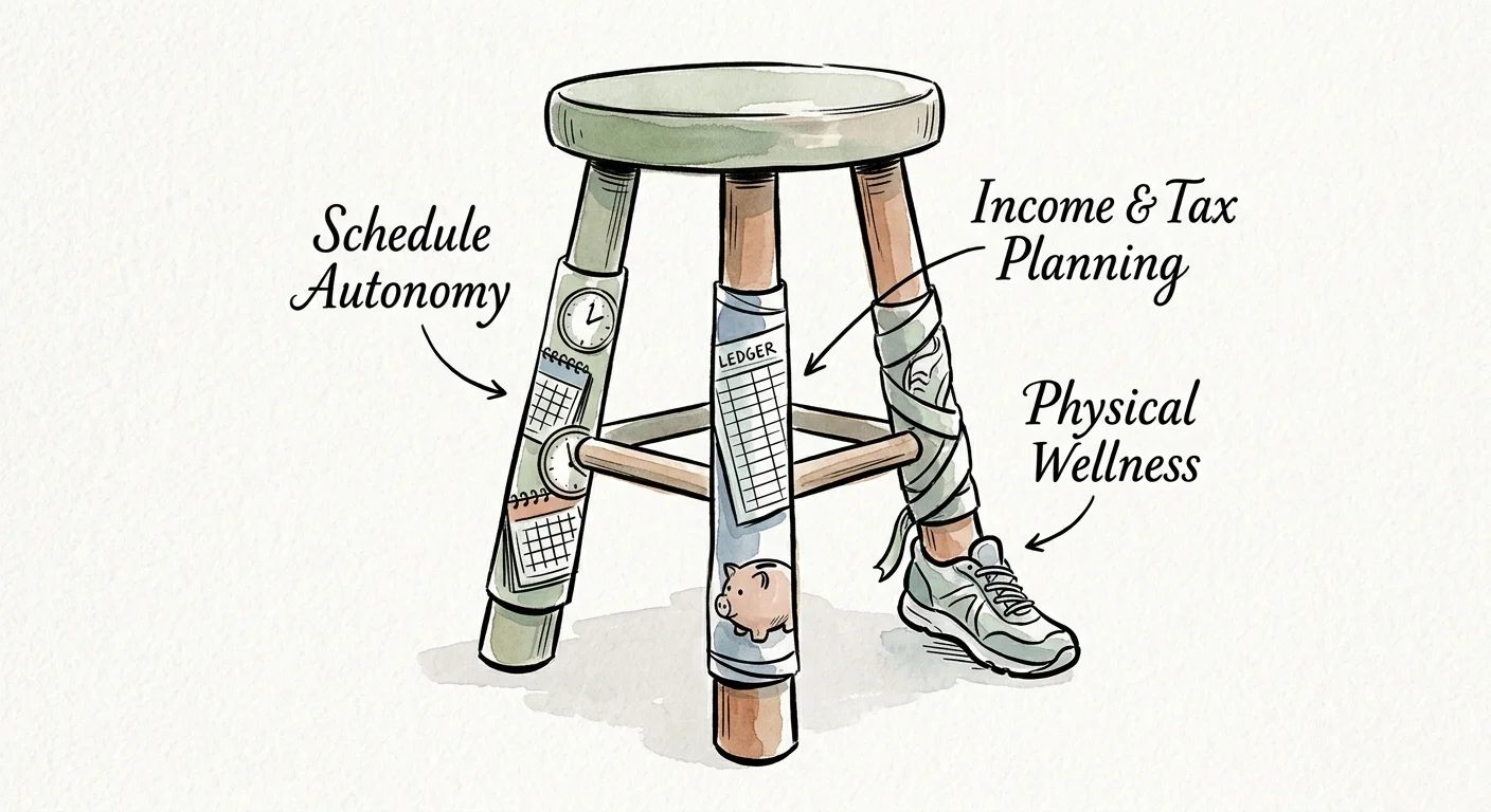An ink and watercolor illustration of a three-legged stool representing schedule, income, and physical wellness.