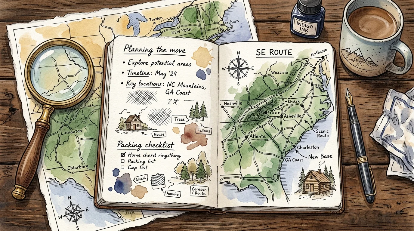 An ink and watercolor illustration of a travel planner, map of the Southeast, magnifying glass, and fountain pen on a wooden desk.