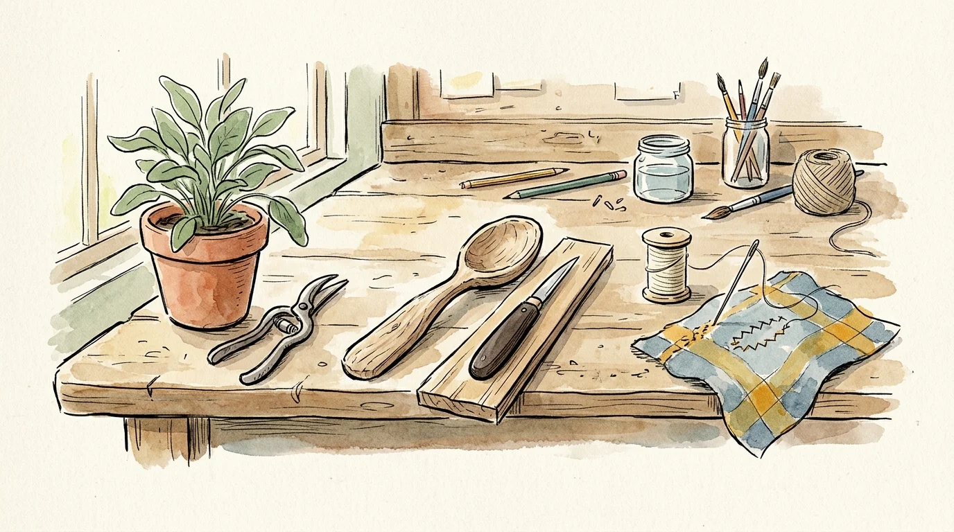 An ink and watercolor illustration of a workbench filled with gardening shears, woodcraft tools, and sewing materials.