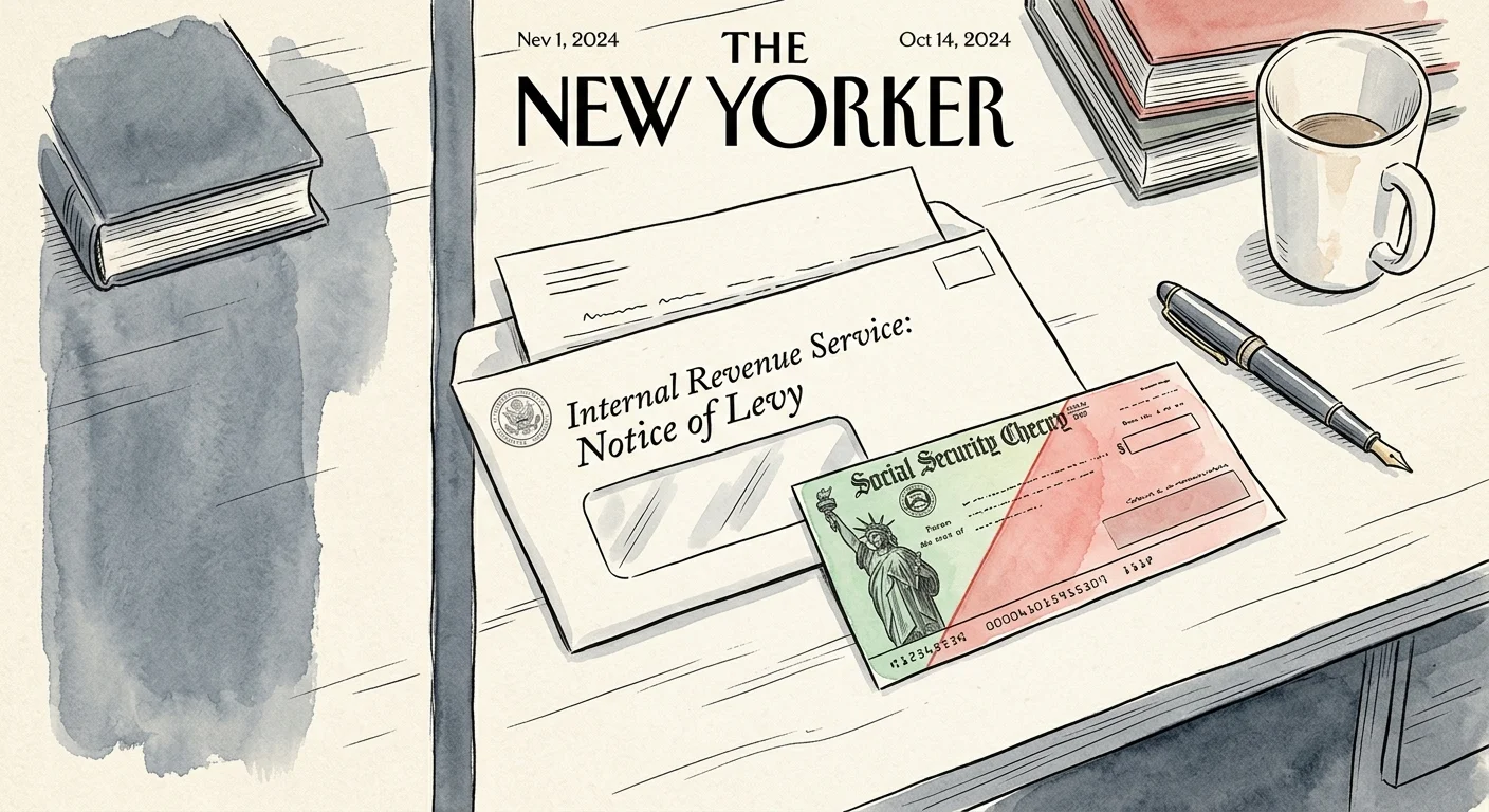 An ink and watercolor illustration of an IRS levy notice next to a Social Security check with a portion highlighted in red.