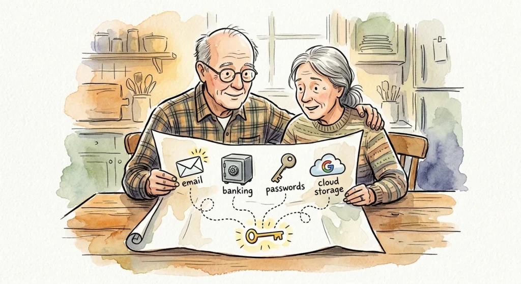 An ink and watercolor illustration of an older couple sitting at a wooden table looking at a hand-drawn map of their digital assets.