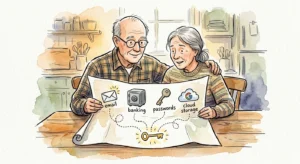 An ink and watercolor illustration of an older couple sitting at a wooden table looking at a hand-drawn map of their digital assets.