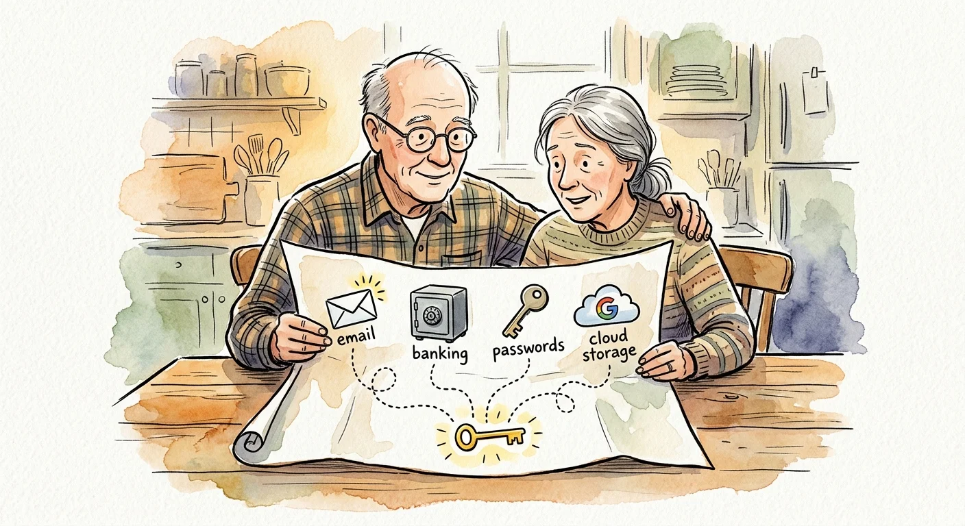 An ink and watercolor illustration of an older couple sitting at a wooden table looking at a hand-drawn map of their digital assets.