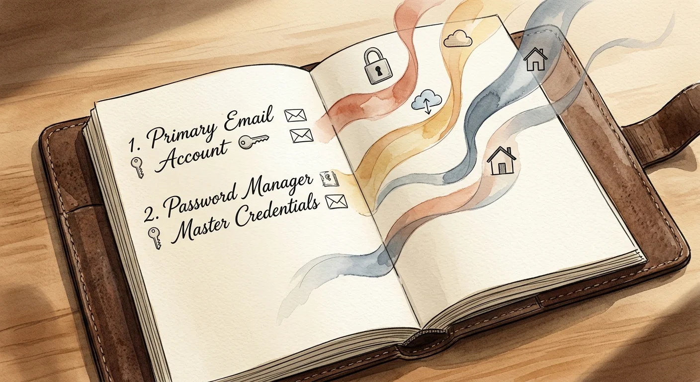 An ink and watercolor illustration of an open ledger listing essential digital accounts, with symbolic watercolor ribbons floating up.