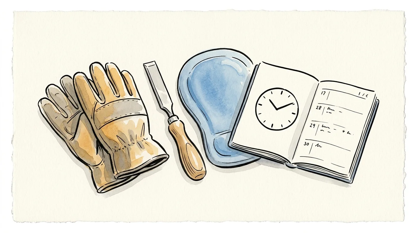 An ink and watercolor illustration of ergonomic work gloves, a curved-handle chisel, and a planner representing balanced pacing.