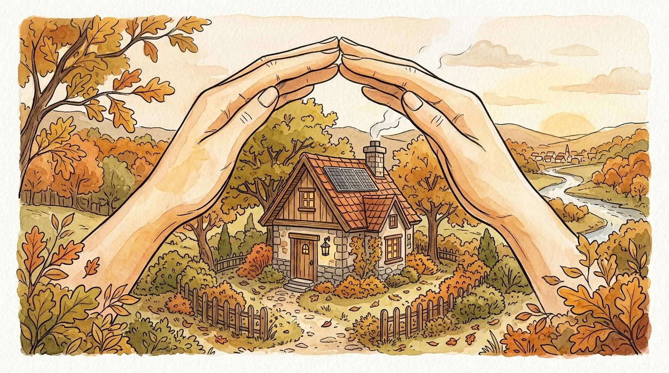 An ink and watercolor illustration of hands sheltering a small house, symbolizing financial protection and security.