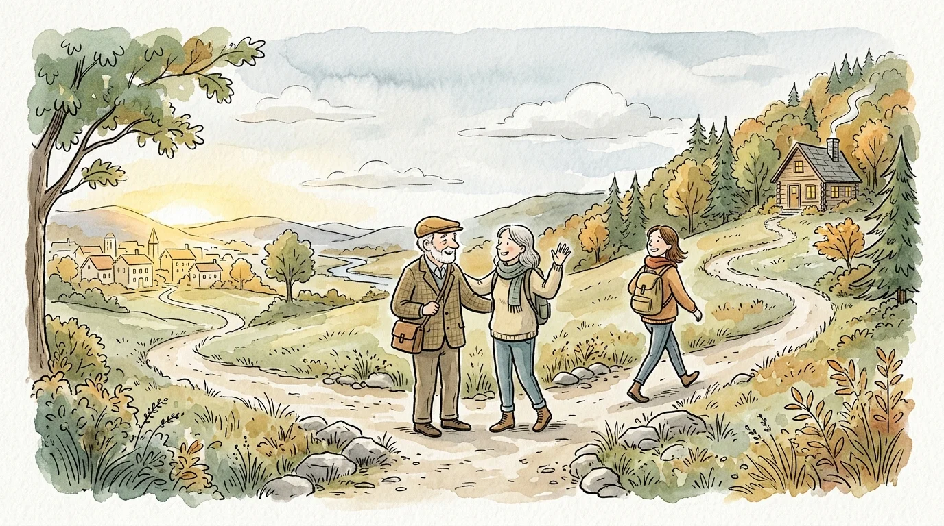 An ink and watercolor illustration of two figures walking on paths that split toward different scenic horizons.