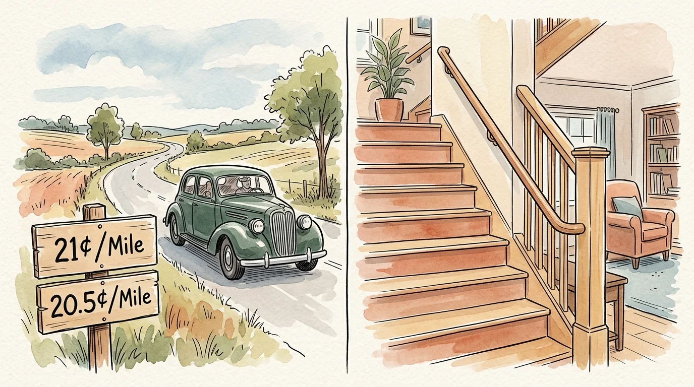 An ink-and-watercolor illustration showing a car on a road next to a mileage sign, and a home staircase with a grab bar.