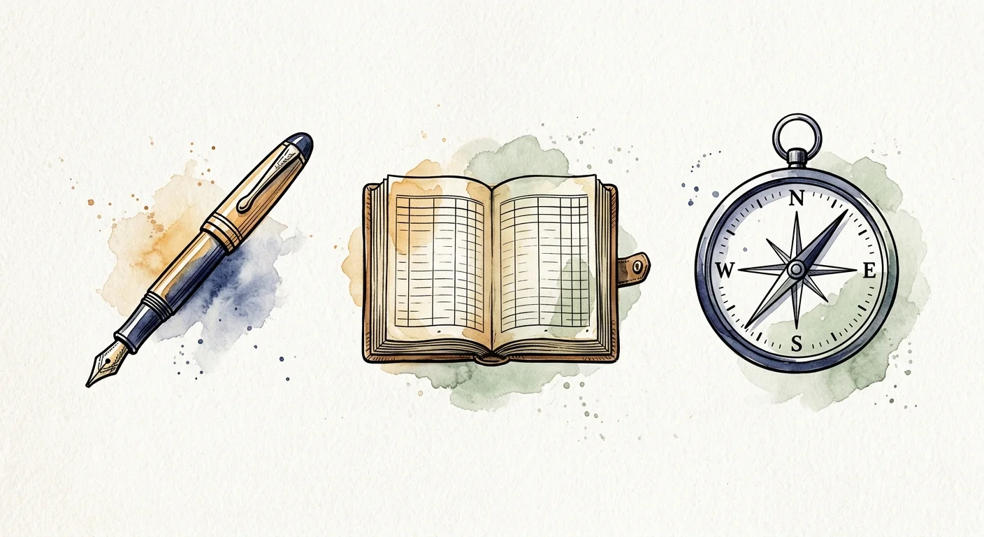 An ink and watercolor illustration showing a fountain pen, a ledger, and a compass, representing freelance writing, bookkeeping, and consult
