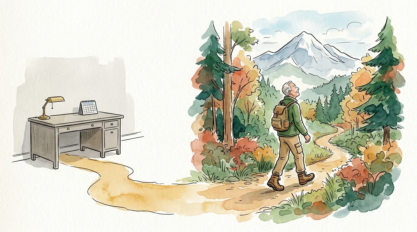 An ink and watercolor illustration showing a path leading from an empty office desk to a scenic mountain trail with a senior hiker.