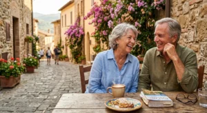 An older American couple laughs together at an outdoor village cafe, enjoying a relaxed, sunny afternoon during their retirement abroad.