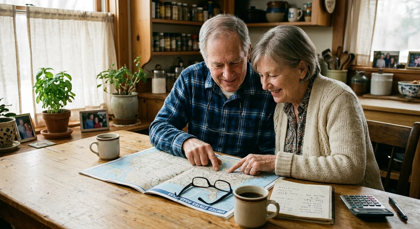 Senior couple sitting at a wooden table looking closely at an open United States road map with coffee and a calculator.