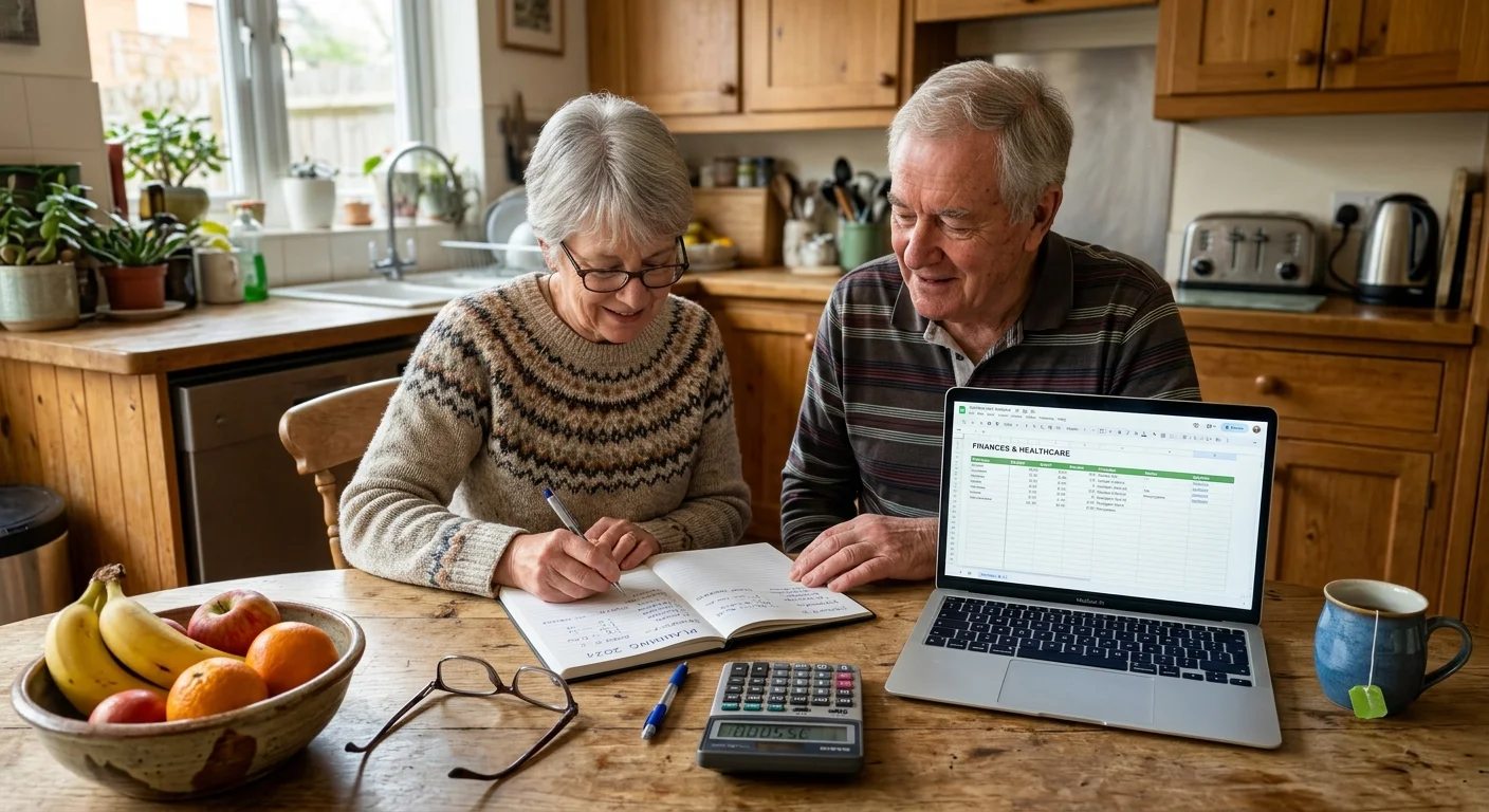 An older couple sits at a kitchen table reviewing papers and a spreadsheet, planning their household finances and healthcare.