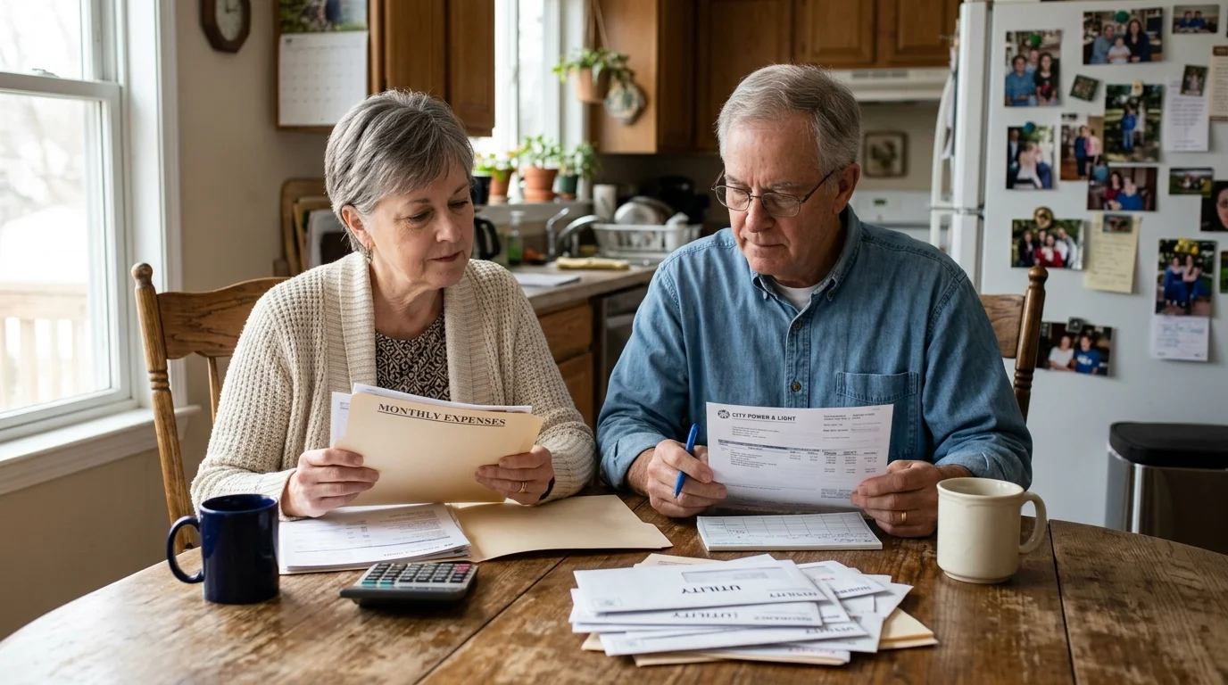 Senior couple sitting at a kitchen table reviewing bills, utility statements, and a monthly expenses folder.