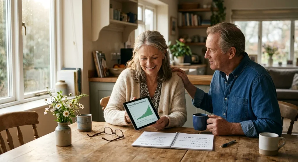 An older couple smiling at a tablet together in their sunlit kitchen, representing financial peace and planning in retirement.