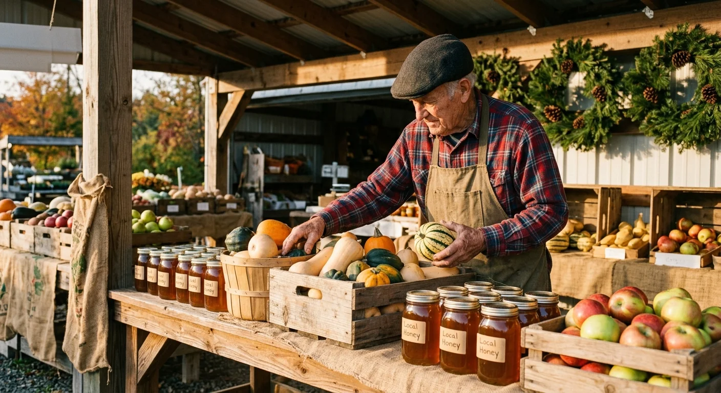 An older man in an apron arranges squash at an outdoor farm stand display featuring honey jars and apples.