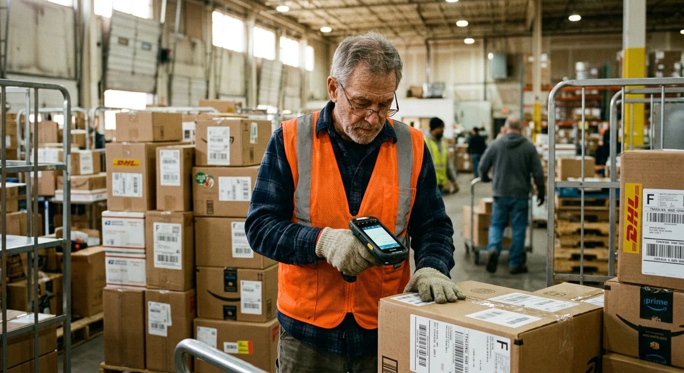 An older warehouse worker wearing an orange safety vest uses a handheld scanner on cardboard delivery boxes.