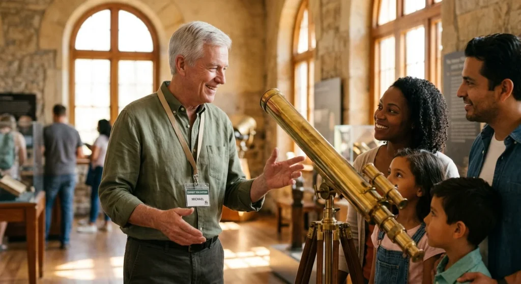 An older male museum docent smiling and explaining a vintage brass telescope to visitors in a sunlit gallery.