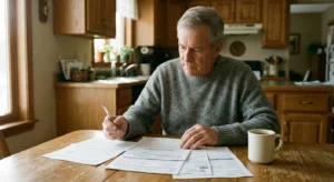 An older man sits at a sunny kitchen table, thoughtfully reviewing financial papers and utility bills with a pen in hand.