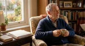 An older man sits comfortably in an armchair holding a mug, showing relief beside a folder of medical documents in a sunlit room.