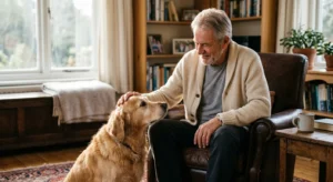 An older man sitting in a cozy armchair smiles warmly at a golden retriever resting its head on his knee in a sunlit living room.