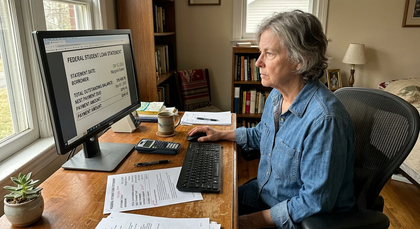 An older woman at her home computer reviewing a printed federal student loan statement in a candid, natural-light setting.