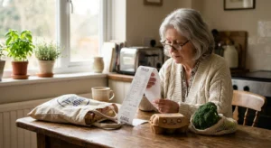 An older woman at her kitchen table thoughtfully reviews a long grocery receipt next to fresh produce and a carton of eggs.