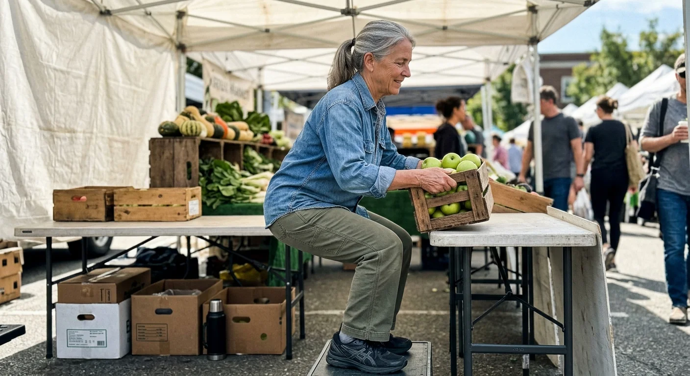 An older woman in supportive shoes uses proper lifting posture to arrange a wooden crate of fresh green apples at a market stall.