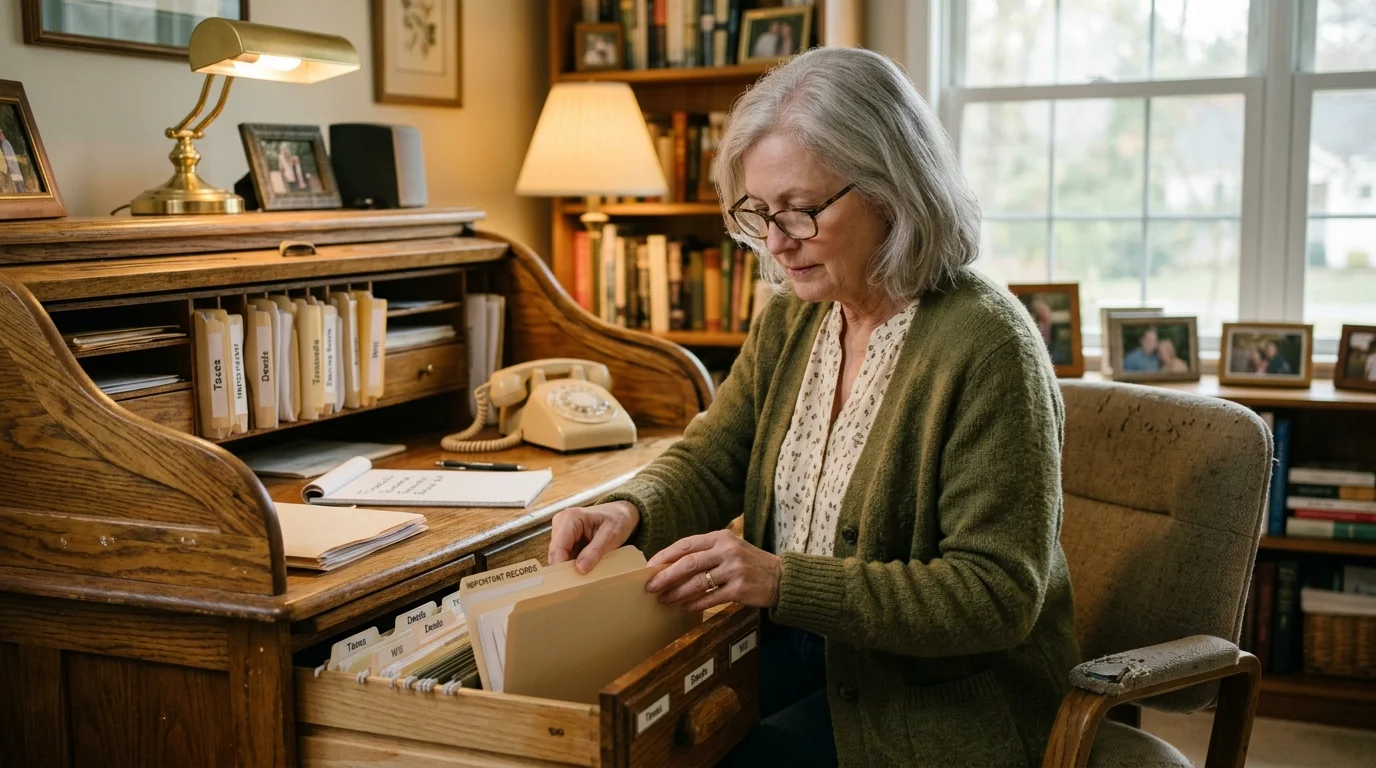 A senior woman wearing glasses sits at a wooden roll-top desk and searches through file folders in an open drawer.