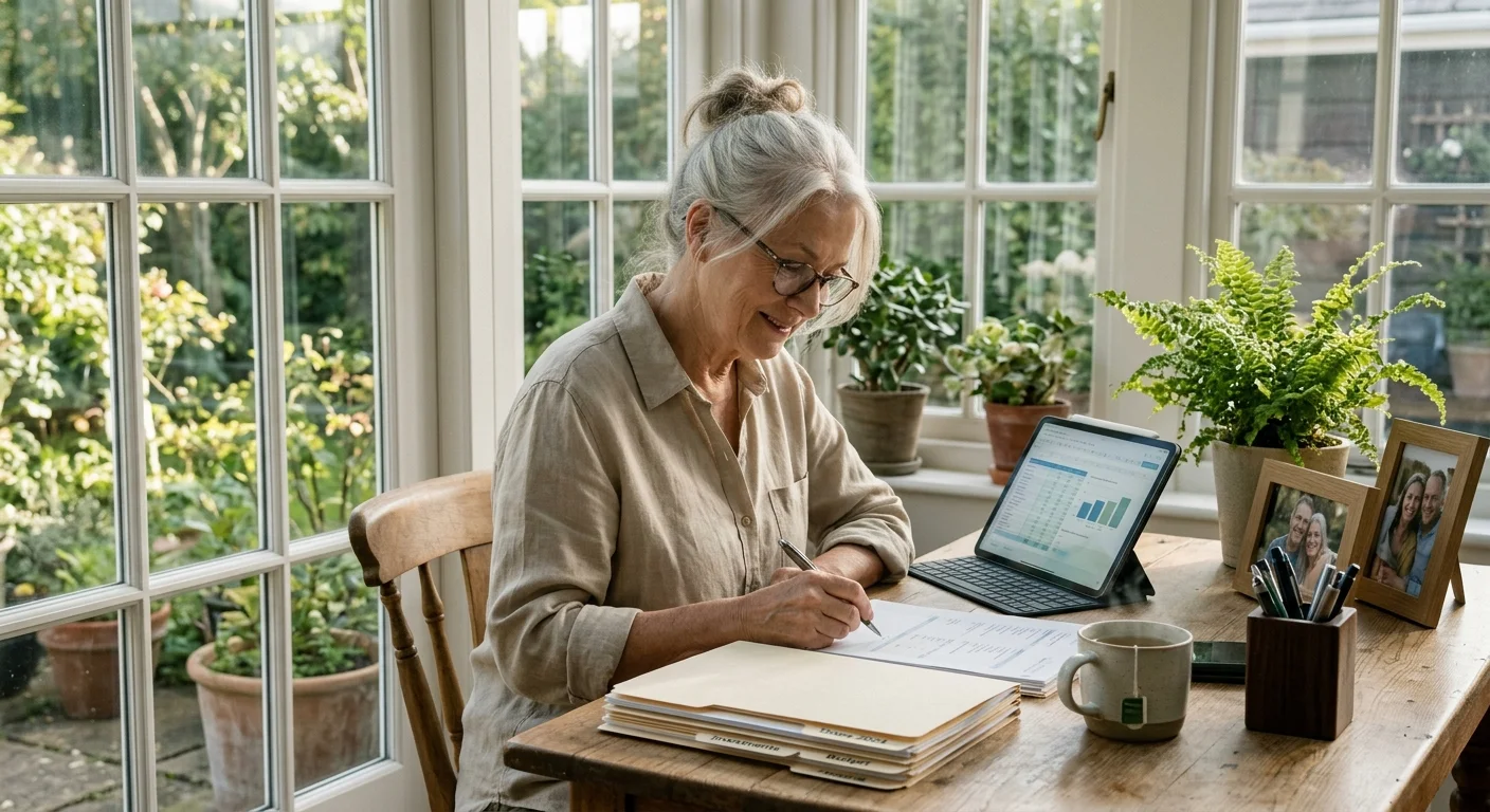 Senior woman with glasses reviewing financial documents and a tablet at a sunlit wooden desk by a window.