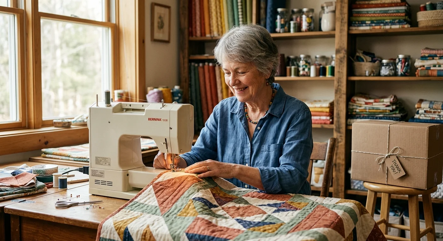 An older woman sewing a vibrant quilt in her sunlit home studio, capturing a peaceful moment of retirement entrepreneurship.