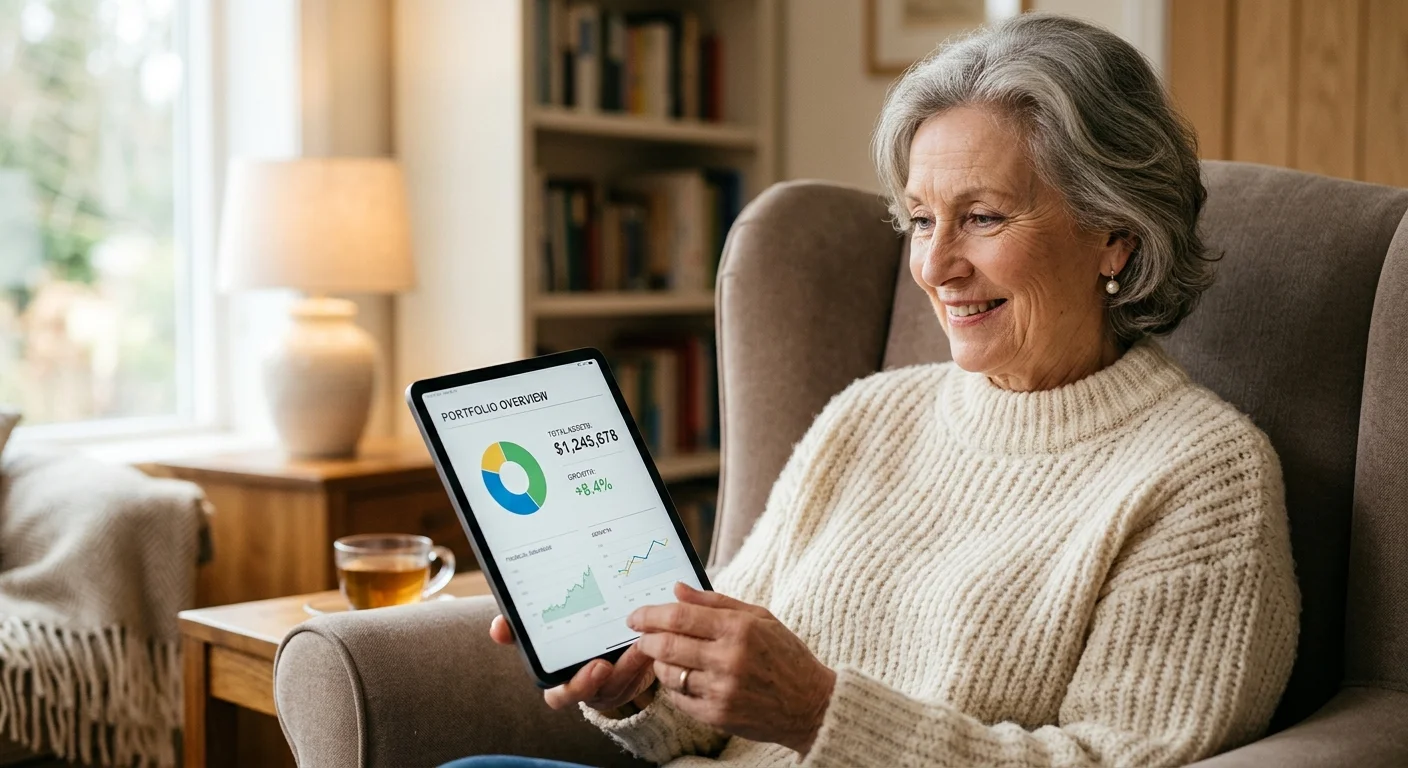 An older woman smiles while looking at a financial app on her tablet, sitting comfortably in a sunlit living room armchair.