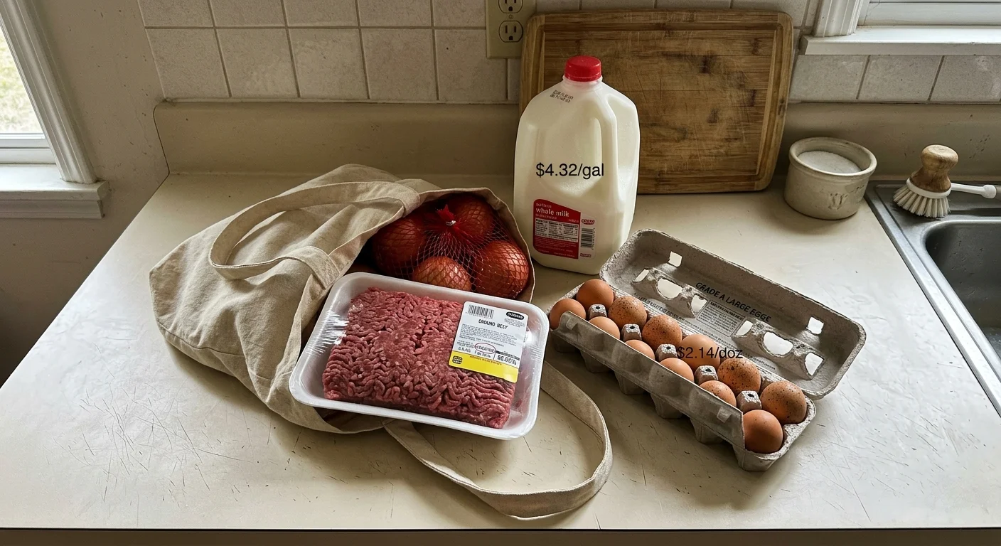 An overhead kitchen snapshot of ground beef, eggs, and a gallon of milk, labeled with their current average retail prices.