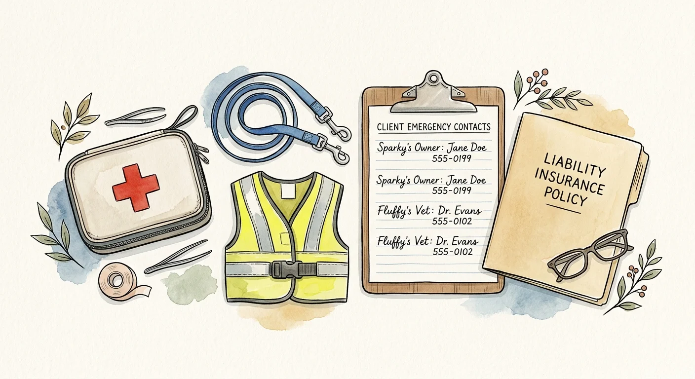 An watercolor illustration of pet safety gear, a first-aid kit, emergency contacts, and an insurance folder.