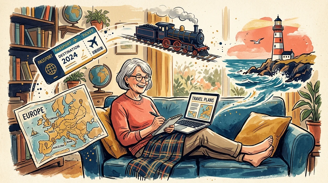 Illustration of an older woman on a couch with a laptop, surrounded by travel motifs like a train, map, and lighthouse.