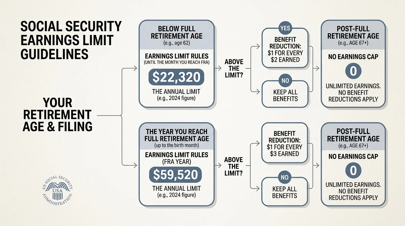 Flowchart diagram outlining Social Security earnings limit rules and benefit reductions based on retirement age.