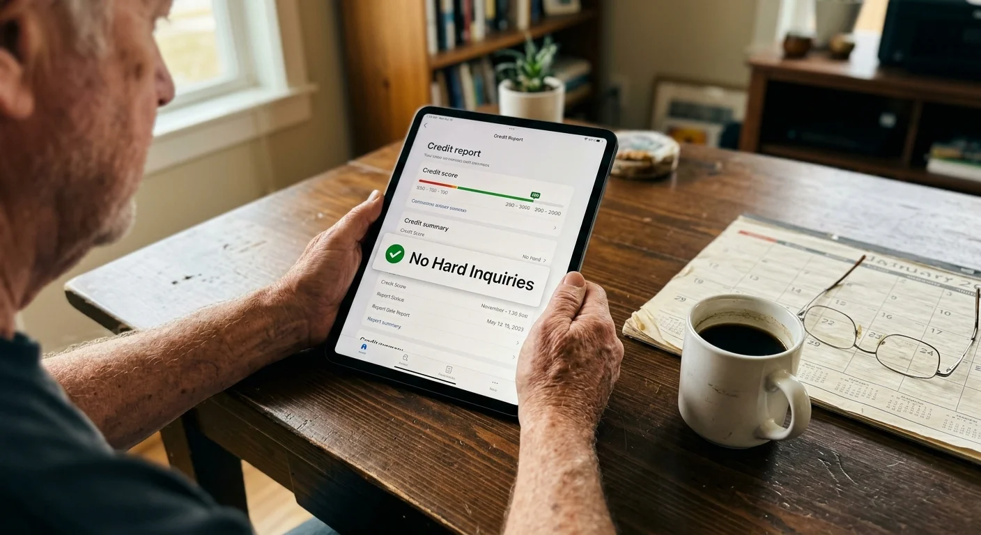 Close-up of a senior's hands checking a clean credit report on a tablet at a wooden desk with a coffee mug nearby.