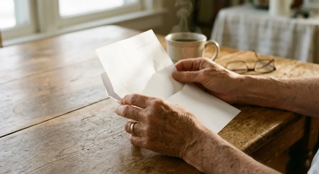 Close-up of a senior's hands holding an official letter at a sunlit wooden table next to a coffee mug.