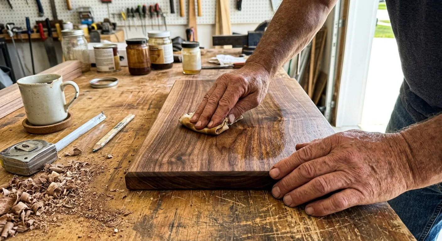 Close-up of an older man's hands finishing a handcrafted wooden cutting board on a workbench covered in wood shavings.