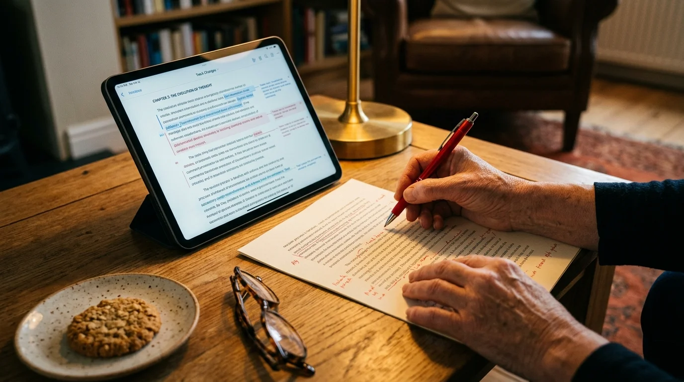 Hands using a red pen to edit printed text on a wooden table next to a tablet, eyeglasses, and a cookie.