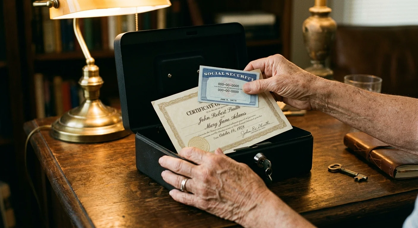 Close-up of senior hands placing a Social Security card and marriage certificate into a secure metal lockbox under warm desk light.