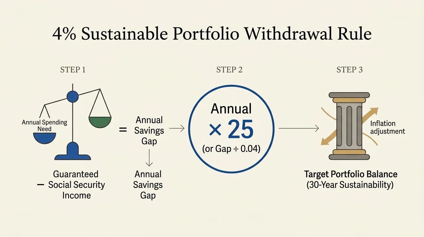 Three-step diagram showing how to calculate target portfolio balance using the 4% rule and Social Security income.