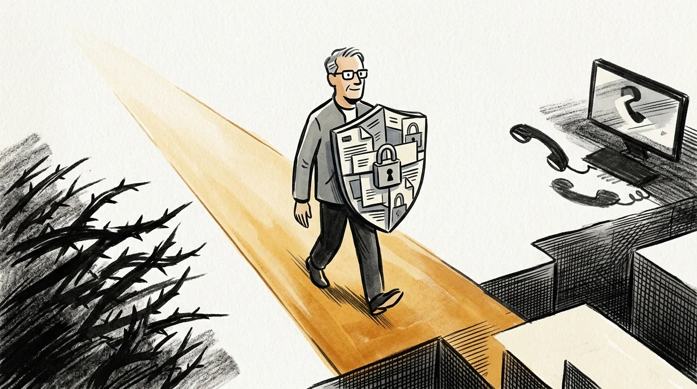 Illustration of a man walking a narrow path holding a shield with locks, past brambles and a computer.