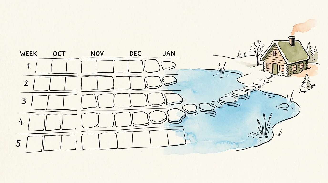 Illustration of a monthly calendar grid transitioning into stepping stones across water leading to a snowy cabin.