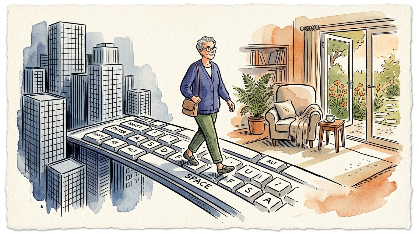 Watercolor illustration of an older woman walking across a giant keyboard bridge from city skyscrapers into a cozy home.