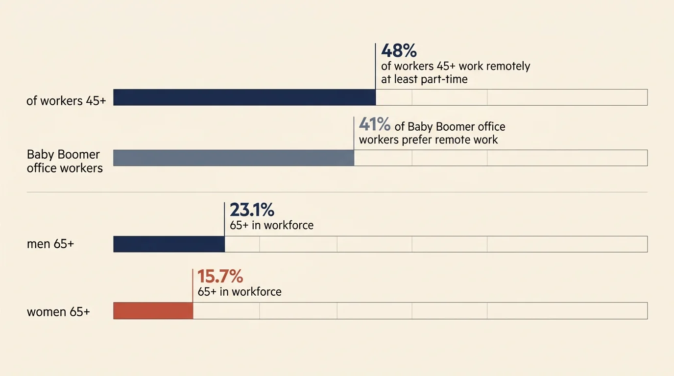 Horizontal bar chart displaying remote work percentages and workforce participation rates across older demographics.