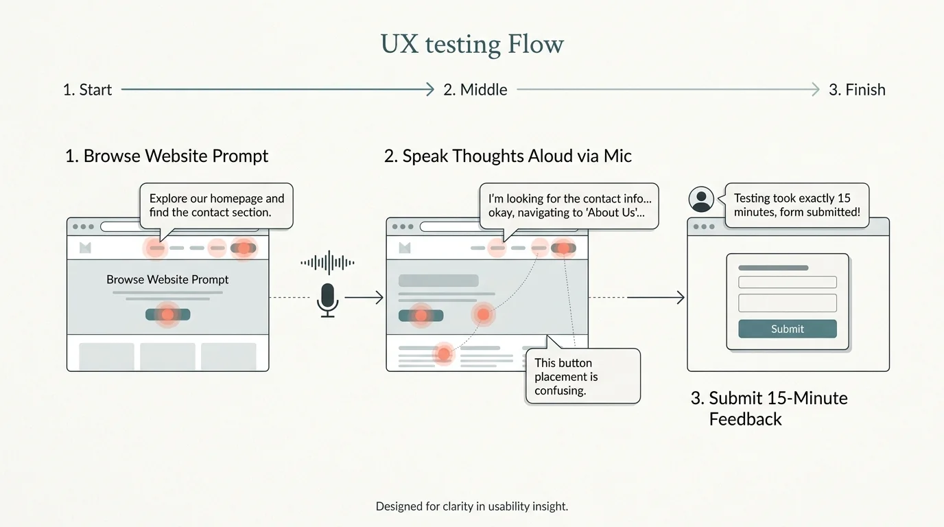 Diagram showing a three-step UX testing flow: browsing website prompts, speaking thoughts into a mic, and submitting feedback.